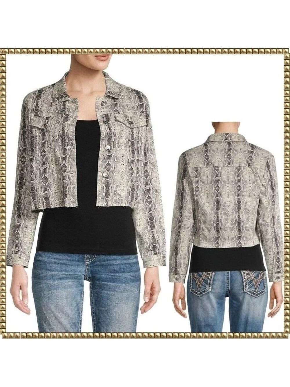 Vigoss Black Ivory Snakeskin Cropped Jean Jacket Medium